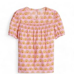 J.Crew Factory Puff Sleeve Top Pink Cotton Short Sleeves Round Neckline Size L